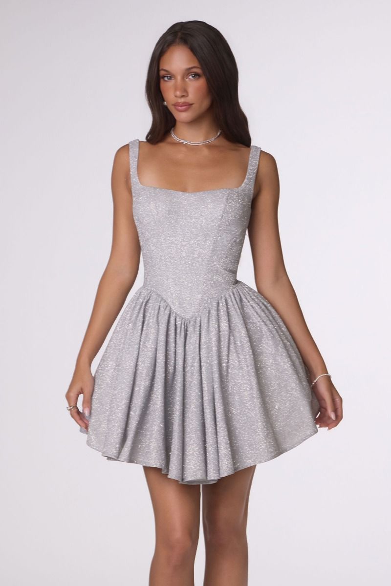Square-Neck Shimmer Fit-and-Flare Mini Dress with Lace-Up Back (T738)