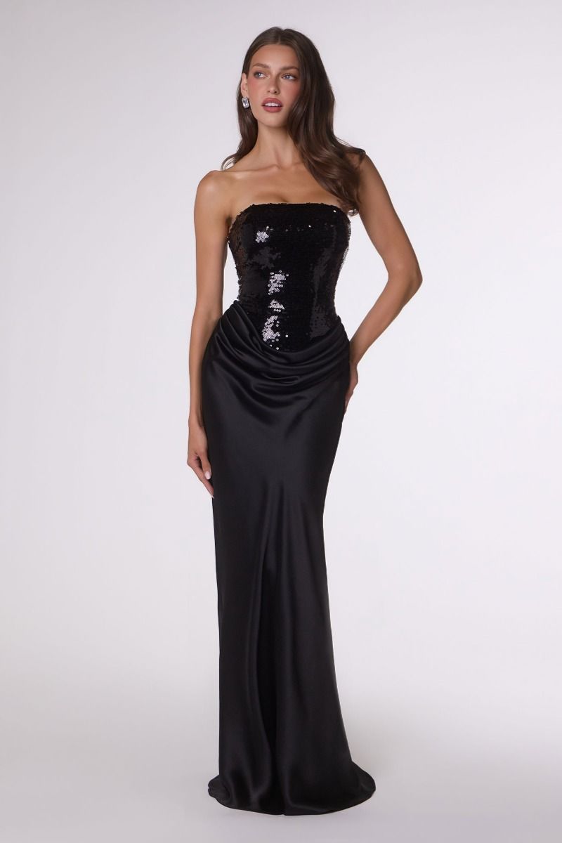Strapless Sequin Corset Gown with Draped Satin Skirt (T744)