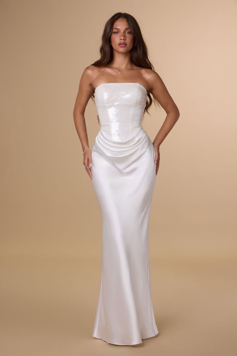 Strapless Sequin Bodice Gown with Draped Satin Skirt (T744W)