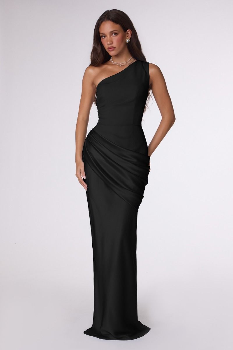 One-Shoulder Fitted Satin Gown with Draped Hip Detailing (T748)