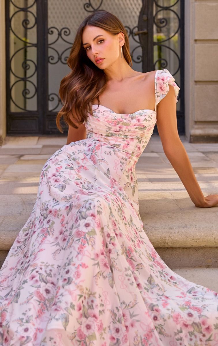 Floral Chiffon A-Line Gown with Flutter Sleeves and Lace-Up Back (T749)