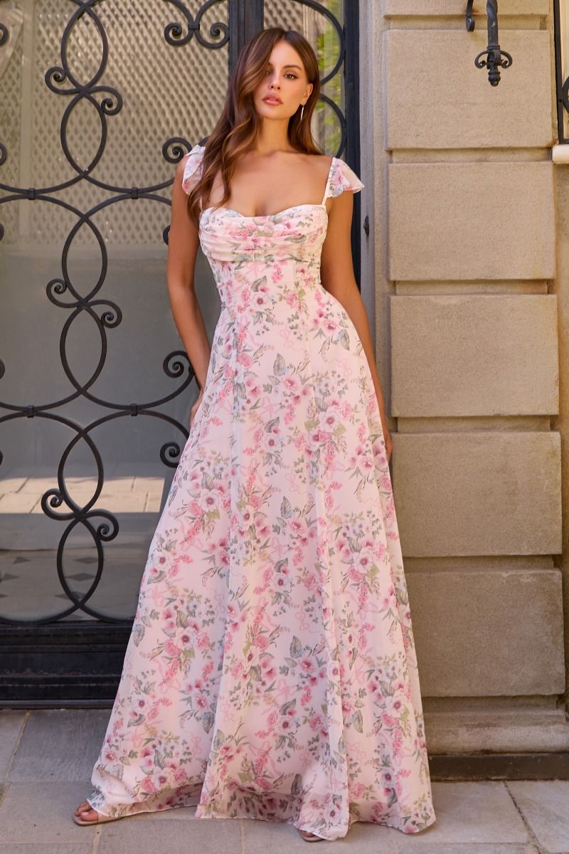 Floral Chiffon A-Line Gown with Flutter Sleeves and Lace-Up Back (T749)