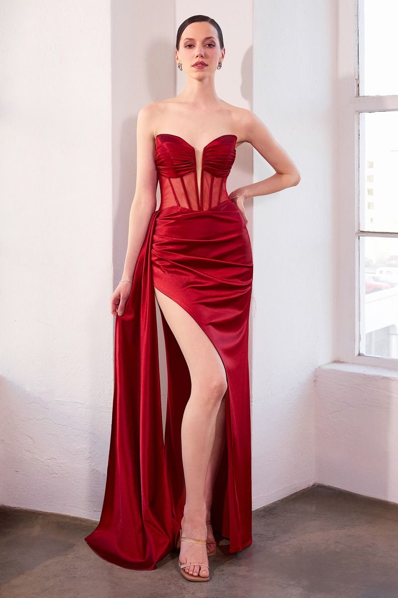 Strapless Satin Illusion Corset Gown with High Leg Slit (T811)
