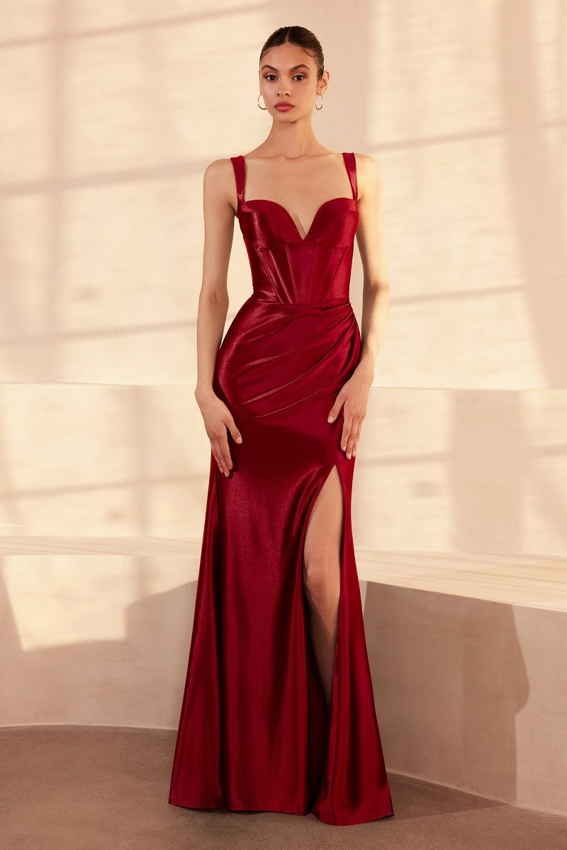 Sweetheart Stretch Satin Corset Mermaid Gown with Draped Waist and High Slit (T813)