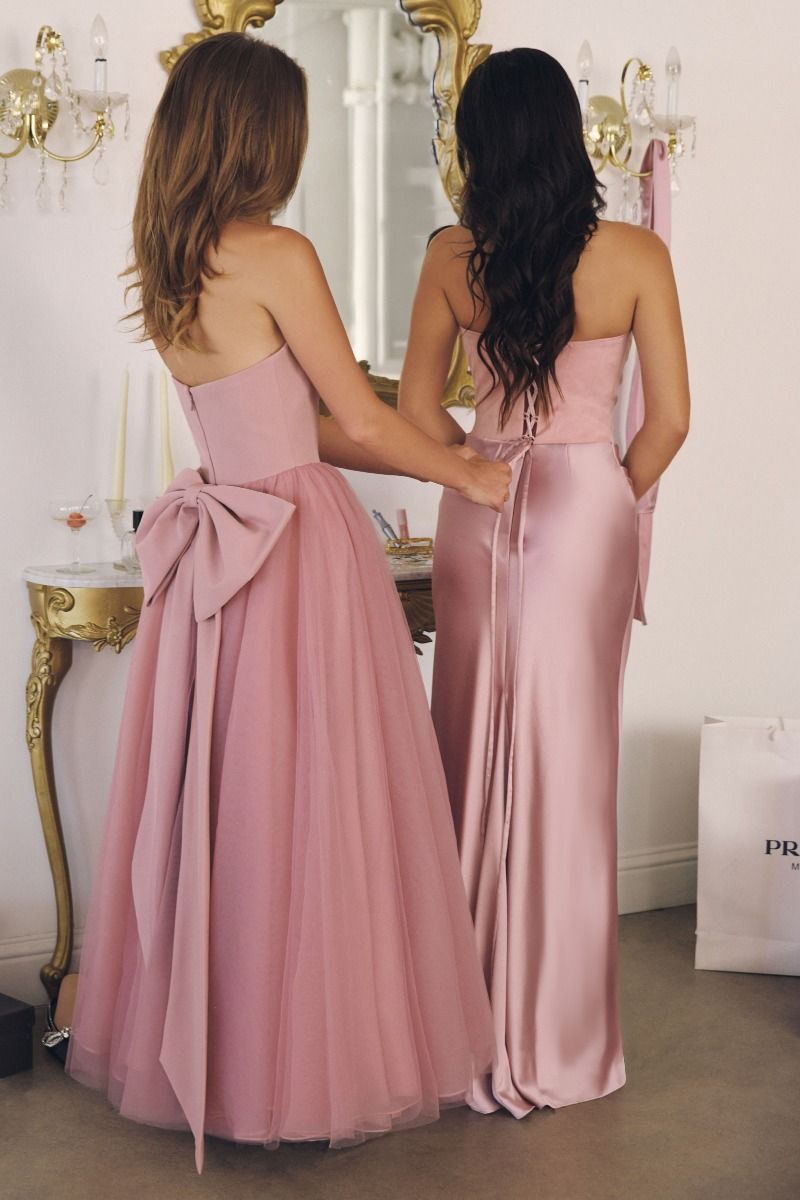 Strapless Crepe & Tulle A-Line Gown with Oversized Back Bow (T712)