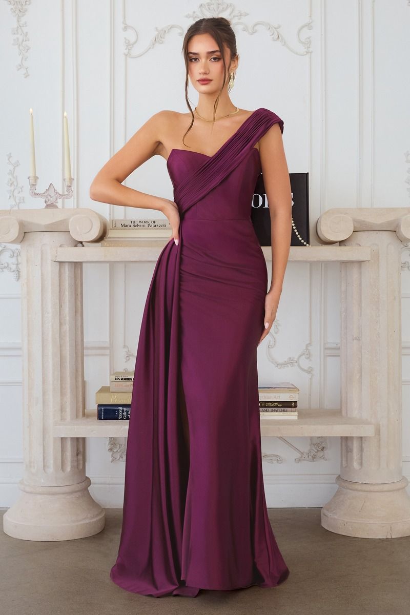 One-Shoulder Pleated Stretch Satin Mermaid Gown with Thigh-High Slit (T817)