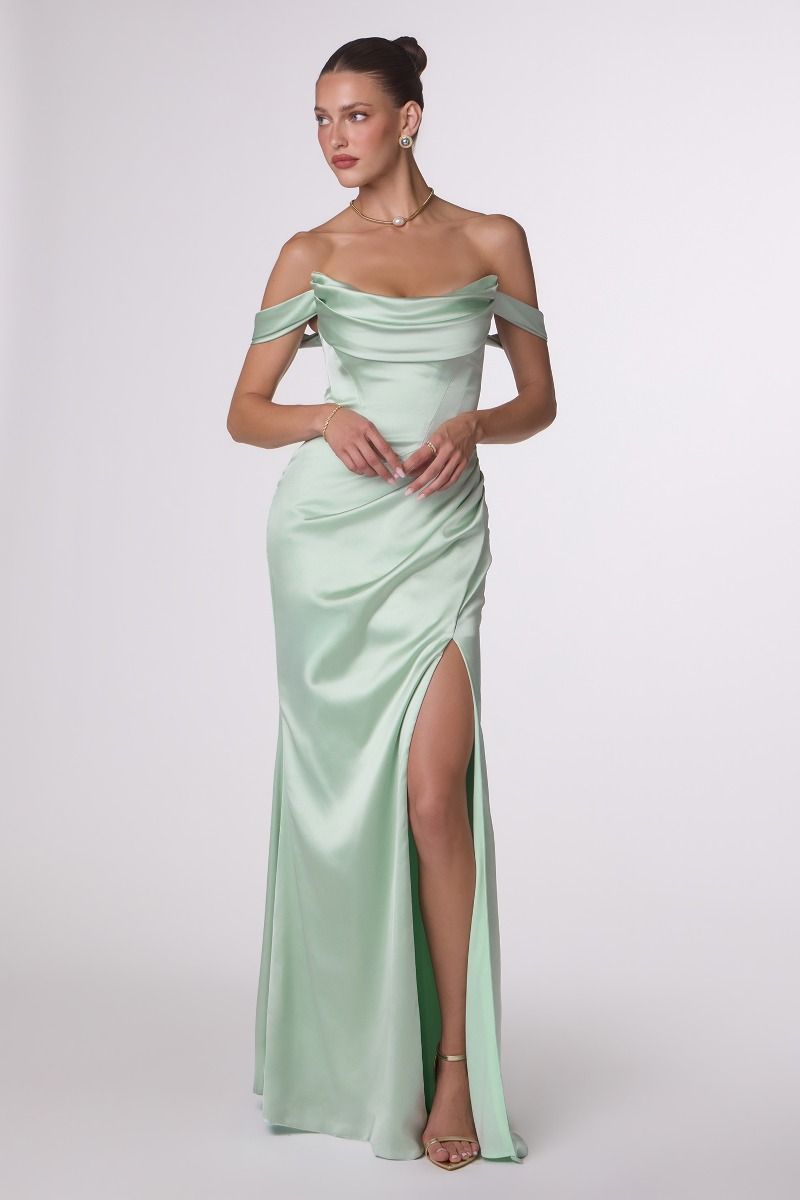 Draped Stretch Satin Gown with Removable Straps and High Slit (T820)