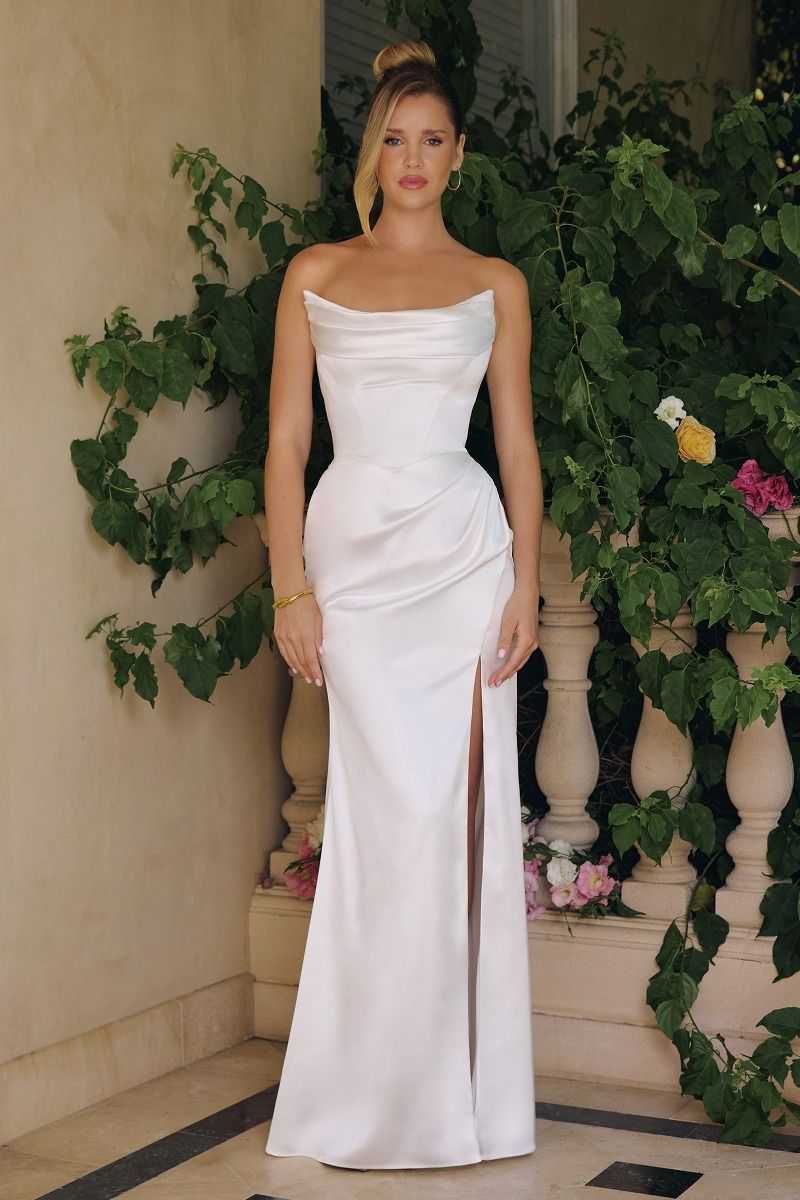 Draped Neckline Stretch Satin Gown with Removable Straps and High Slit (T820W)