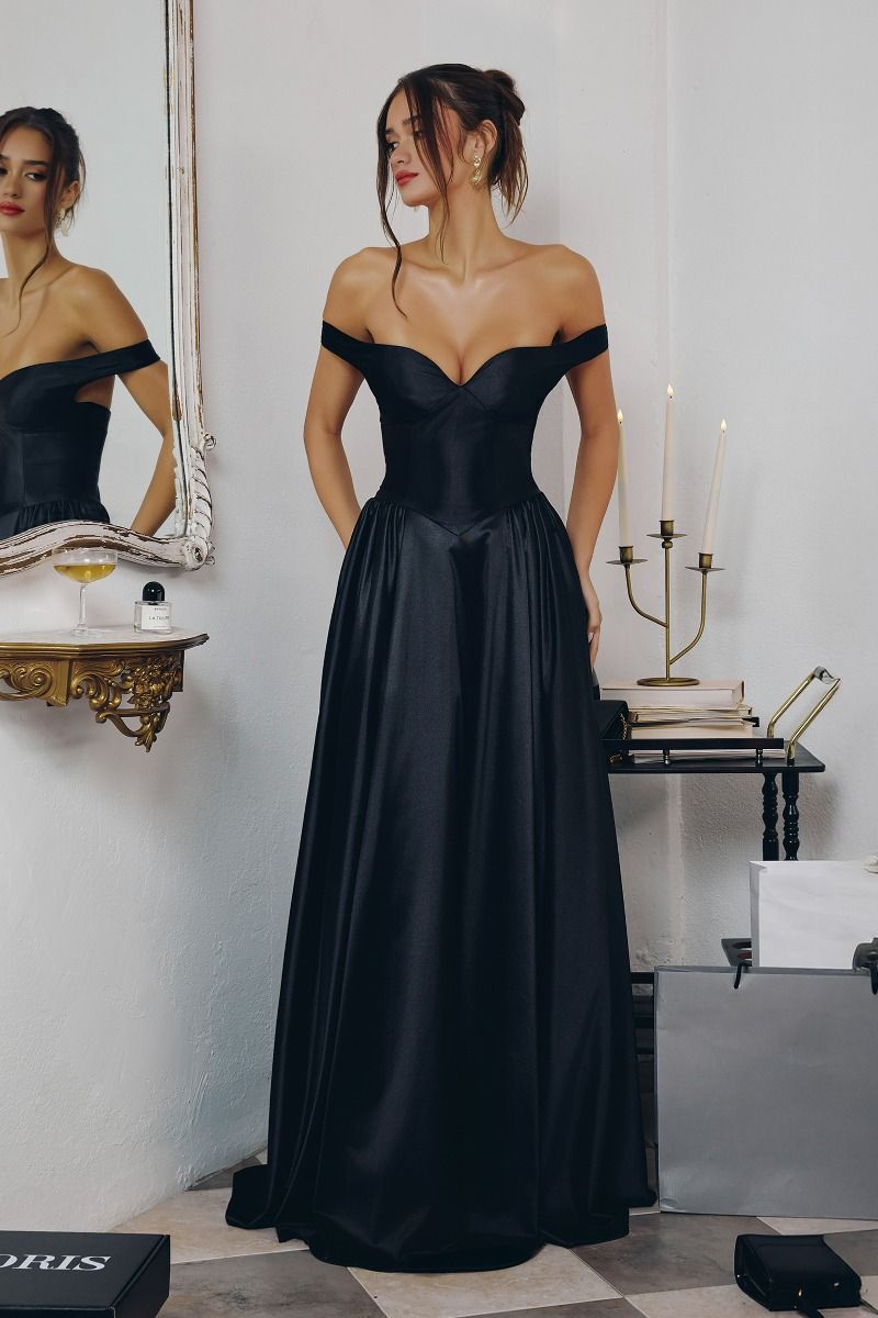 Off-the-Shoulder Satin A-Line Gown with Sculpted Bodice (T821)