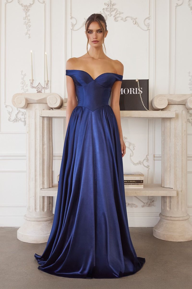 Off-the-Shoulder Satin A-Line Gown with Sculpted Bodice (T821)