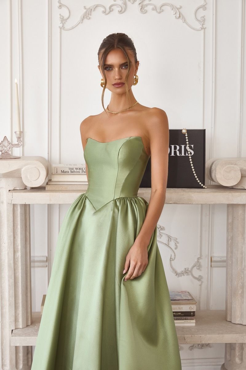 Strapless Mikado Fit-and-Flare Midi Dress with Lace-Up Back (T822)