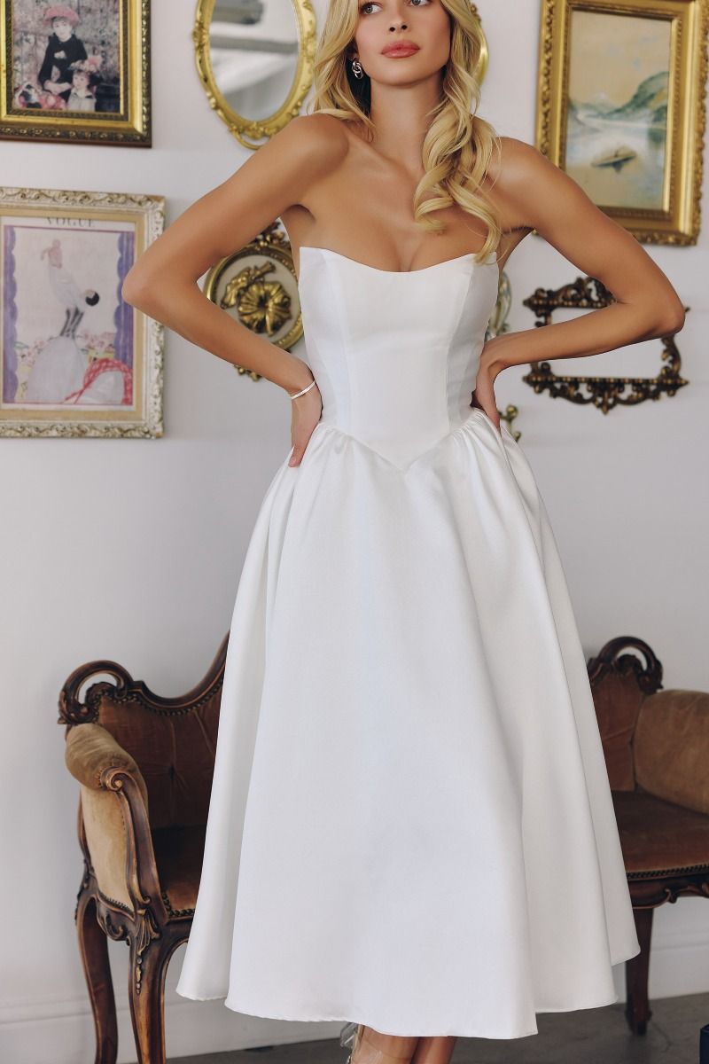 Strapless Mikado Bridal Midi Dress with Lace-Up Back (T822W)