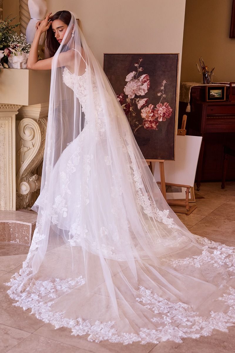 Floral Lace Scalloped Edge Chapel Veil (V010)