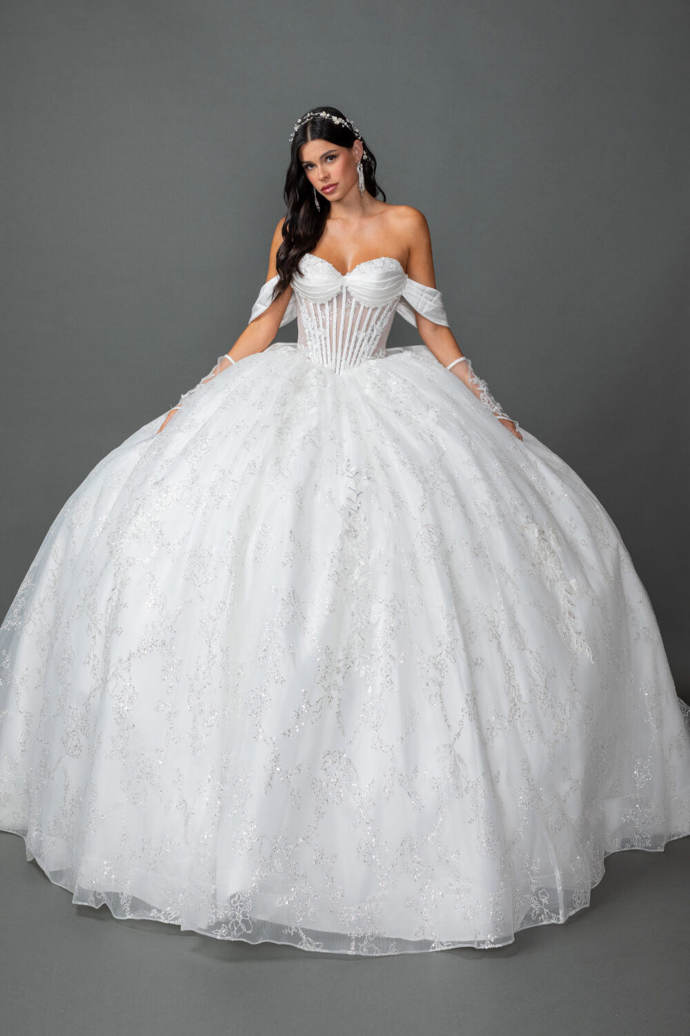 Off-Shoulder Bridal Ball Gown with Corset Bodice and Statement Bow (0322)