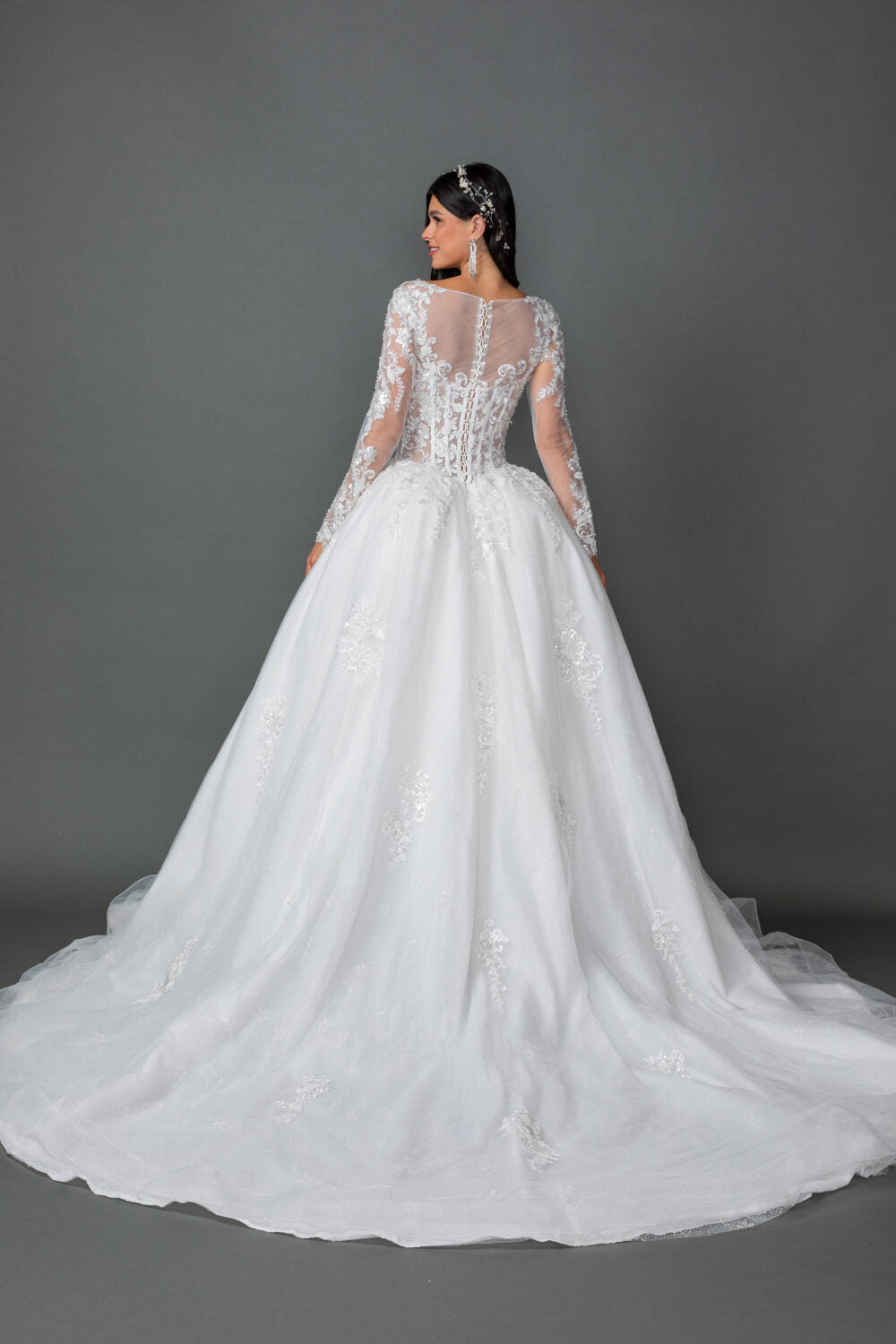 Long Sleeve Lace Appliqué Bridal Ball Gown with Illusion Bodice (0325)