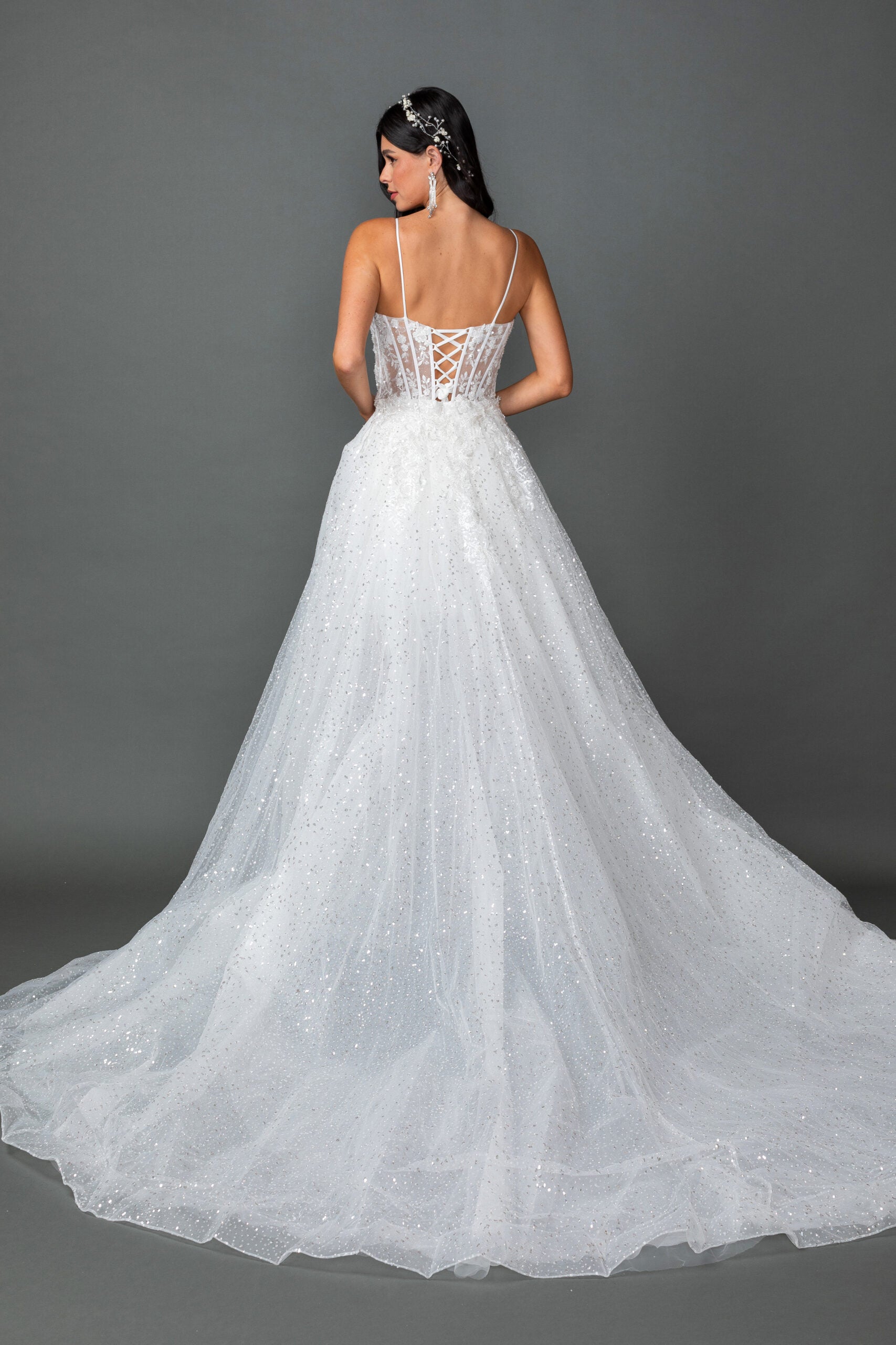 Lace Appliqué Bridal Dress with Detachable Glitter Tulle Skirt (0329)
