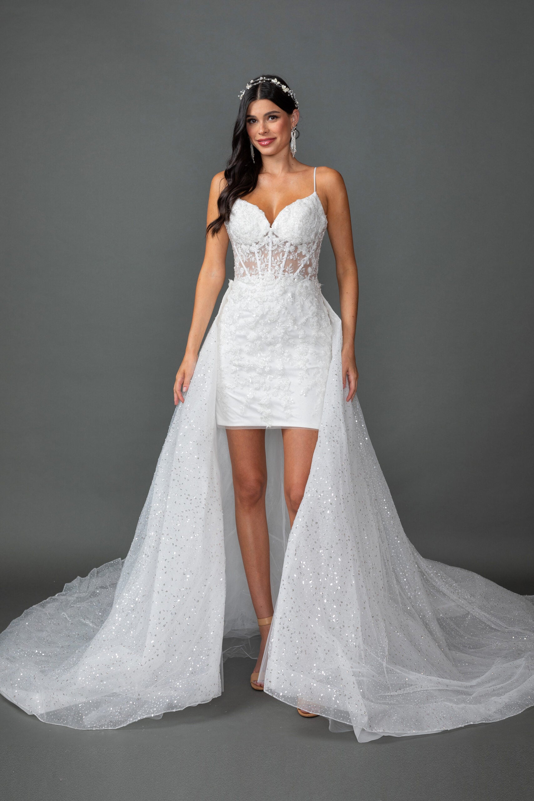 Lace Appliqué Bridal Dress with Detachable Glitter Tulle Skirt (0329)