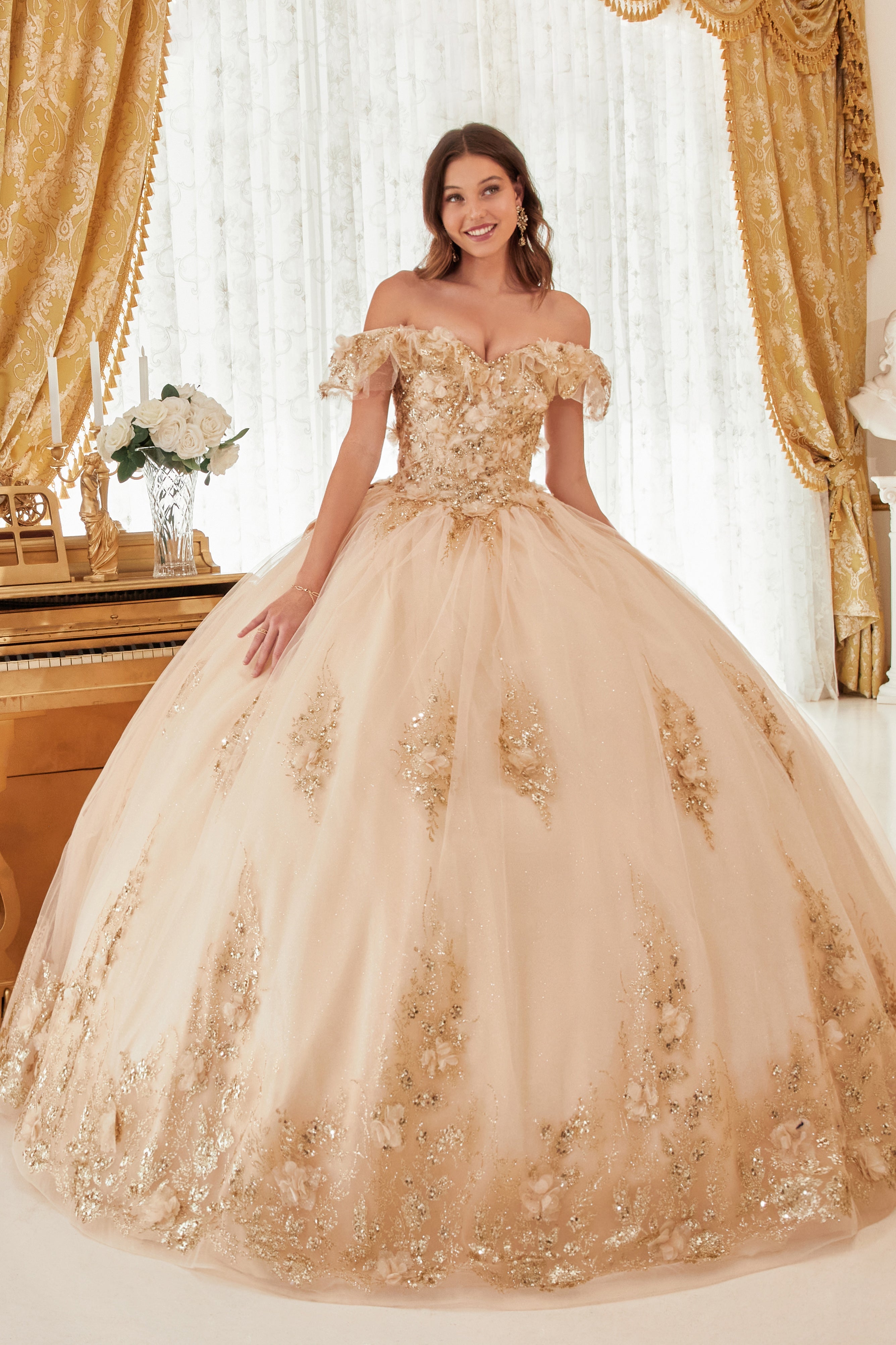 Floral Off The Shoulder Quinceañera Ball Gown (15701)