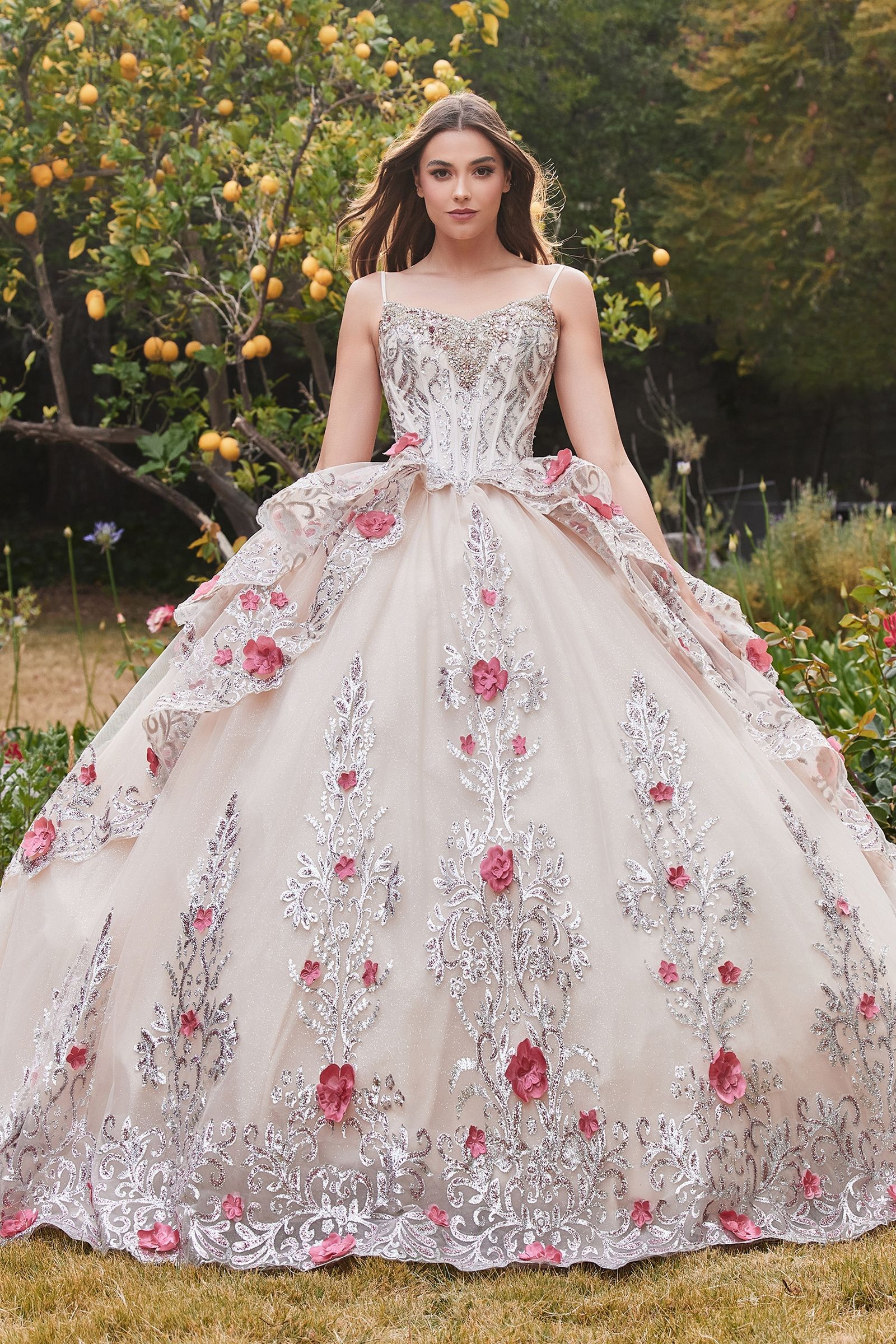 Layered Tulle Quince Ball Gown With Foral Applique (15703)