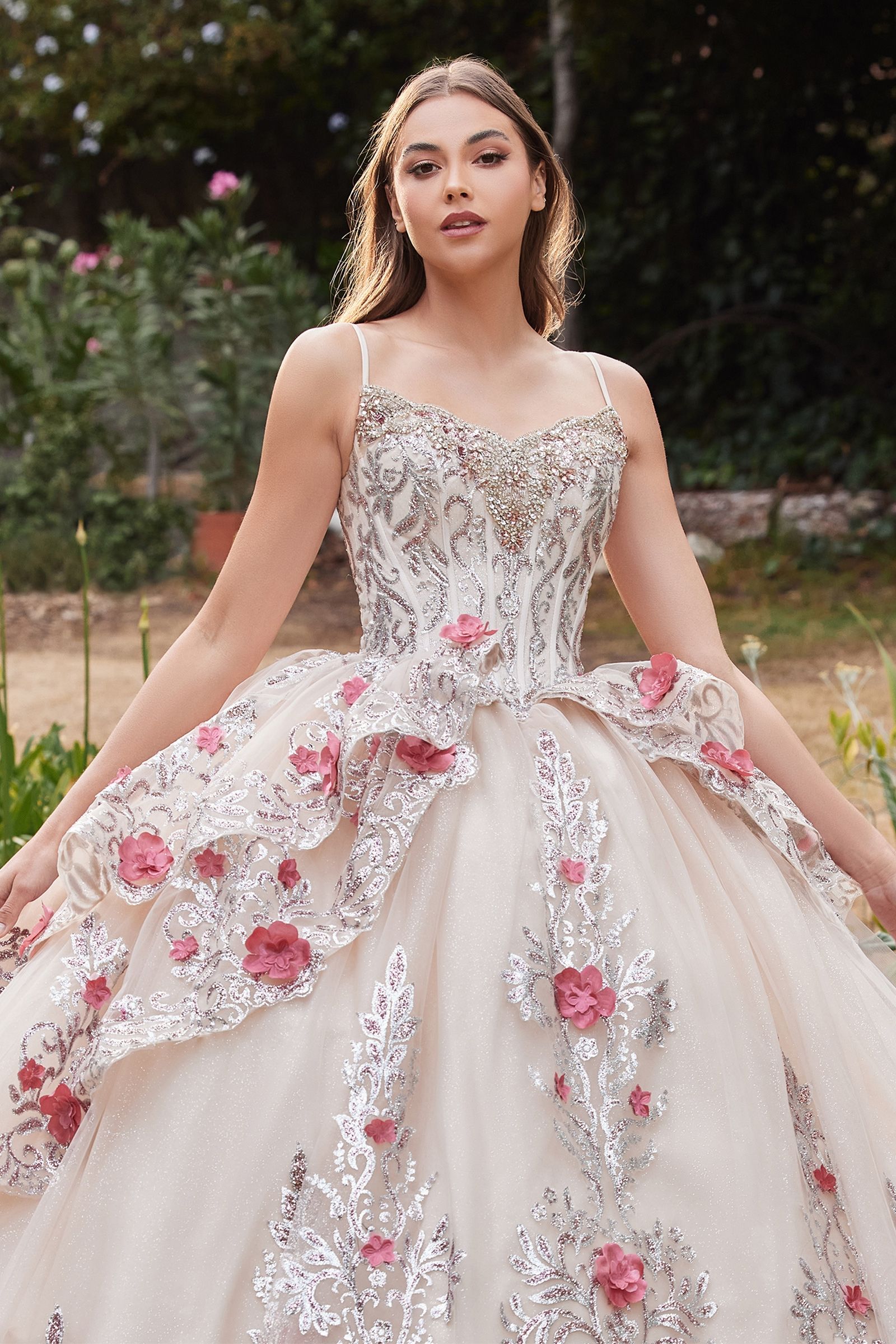 Layered Tulle Quince Ball Gown With Foral Applique (15703)
