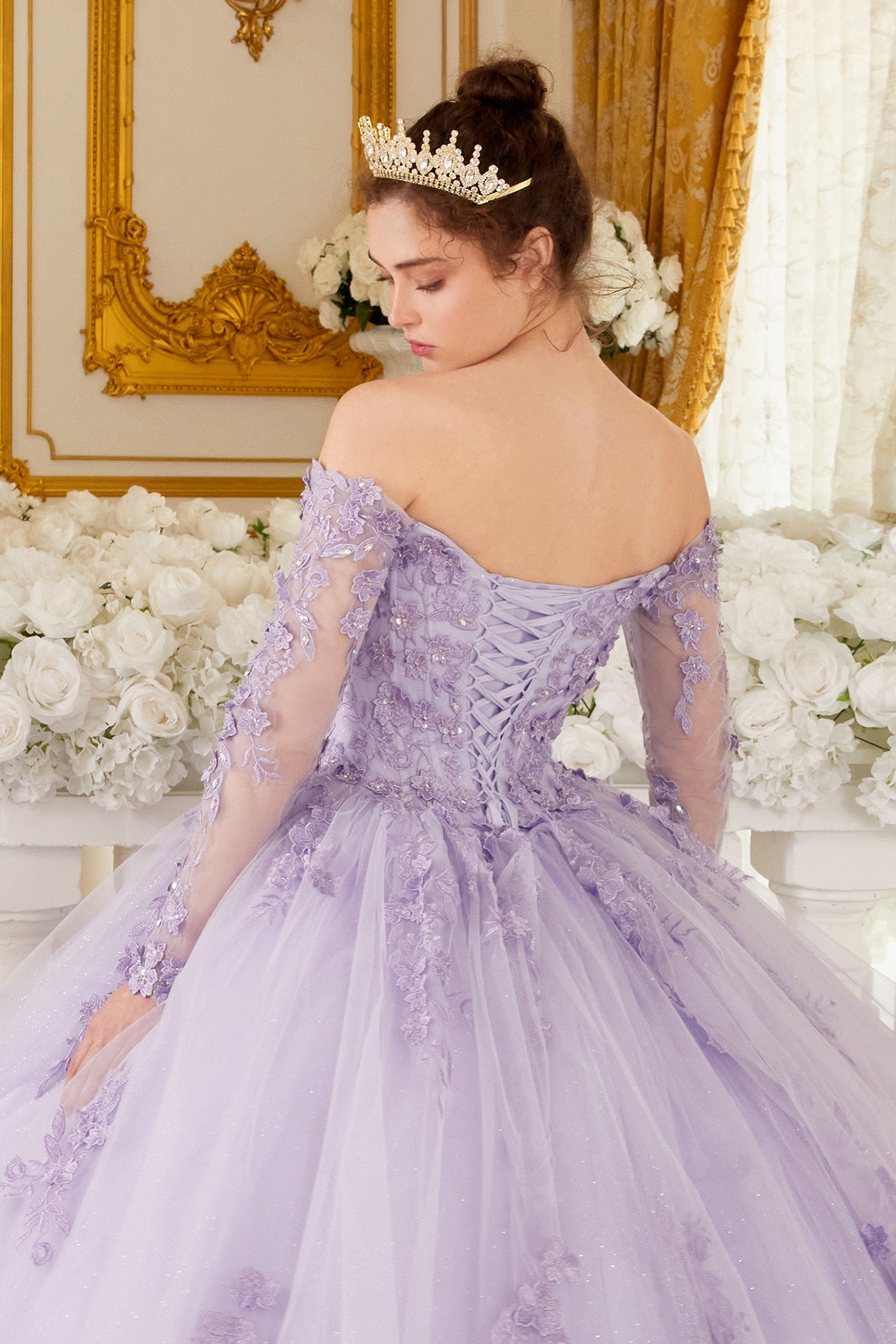 Off The Shoulder Lace Long Sleeve Ball Gown(15706)