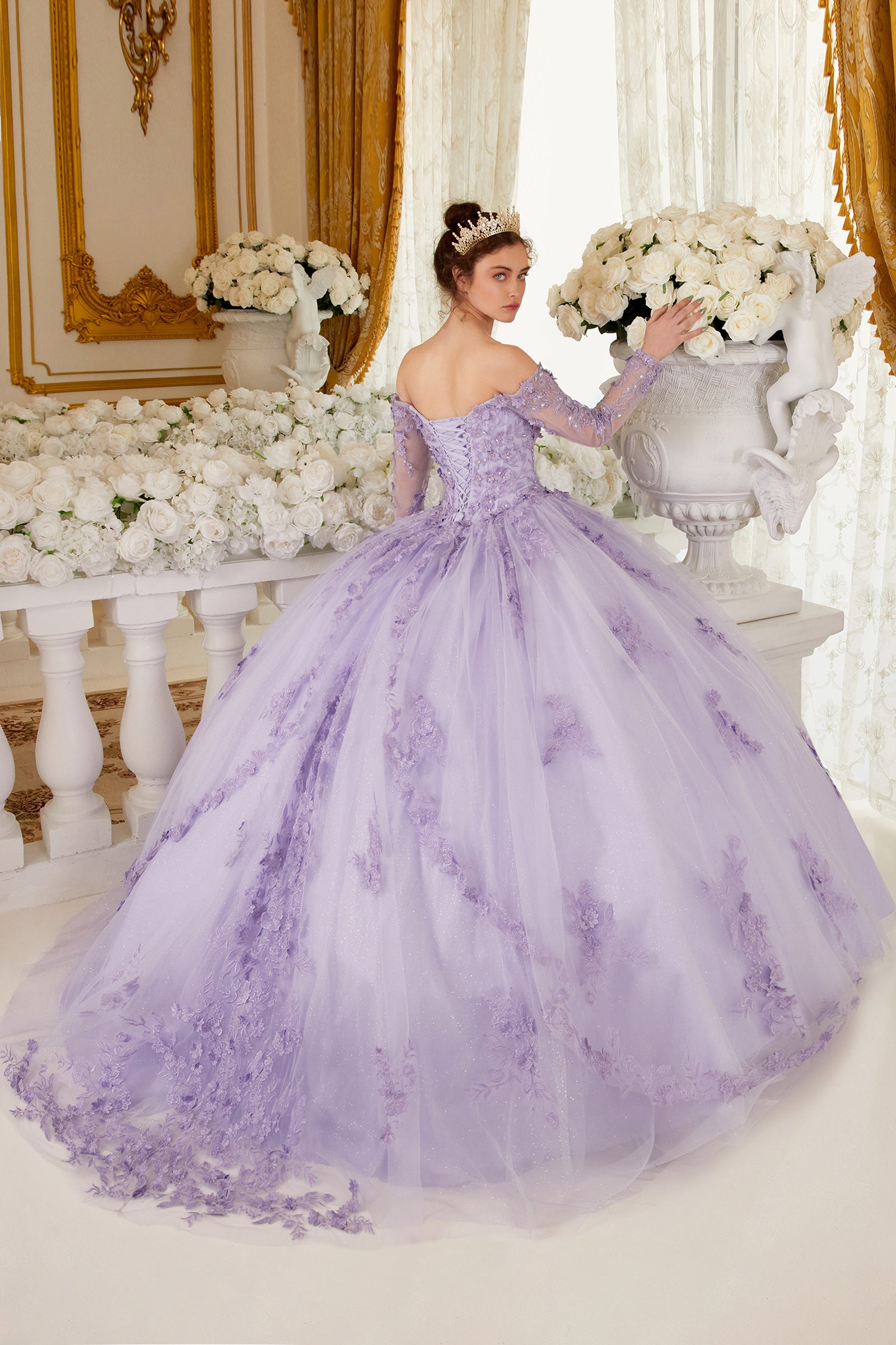 Off The Shoulder Lace Long Sleeve Ball Gown(15706)