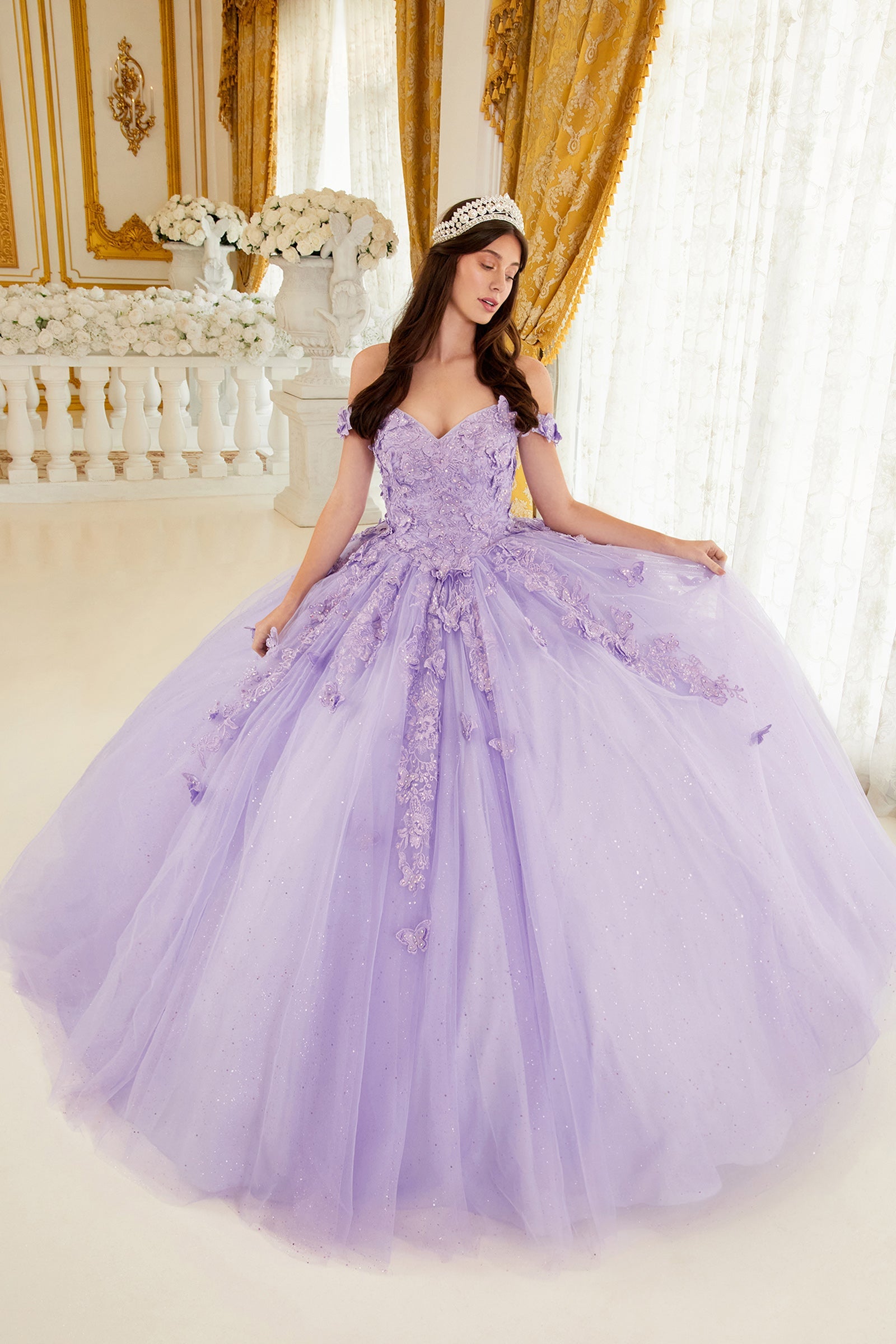 Layered Tulle Ball Gown With Lace Applique (15709)