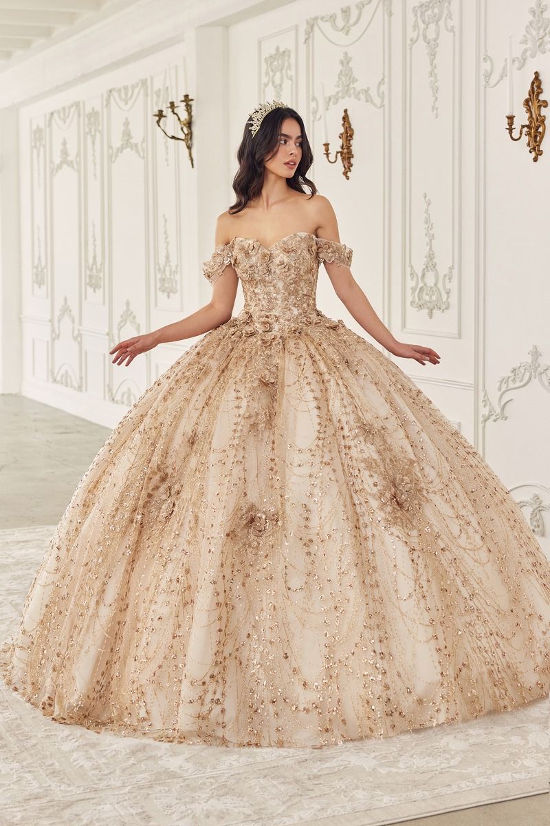 Off The Shoulder Glitter Floral Print Gold Ball Gown (15712)