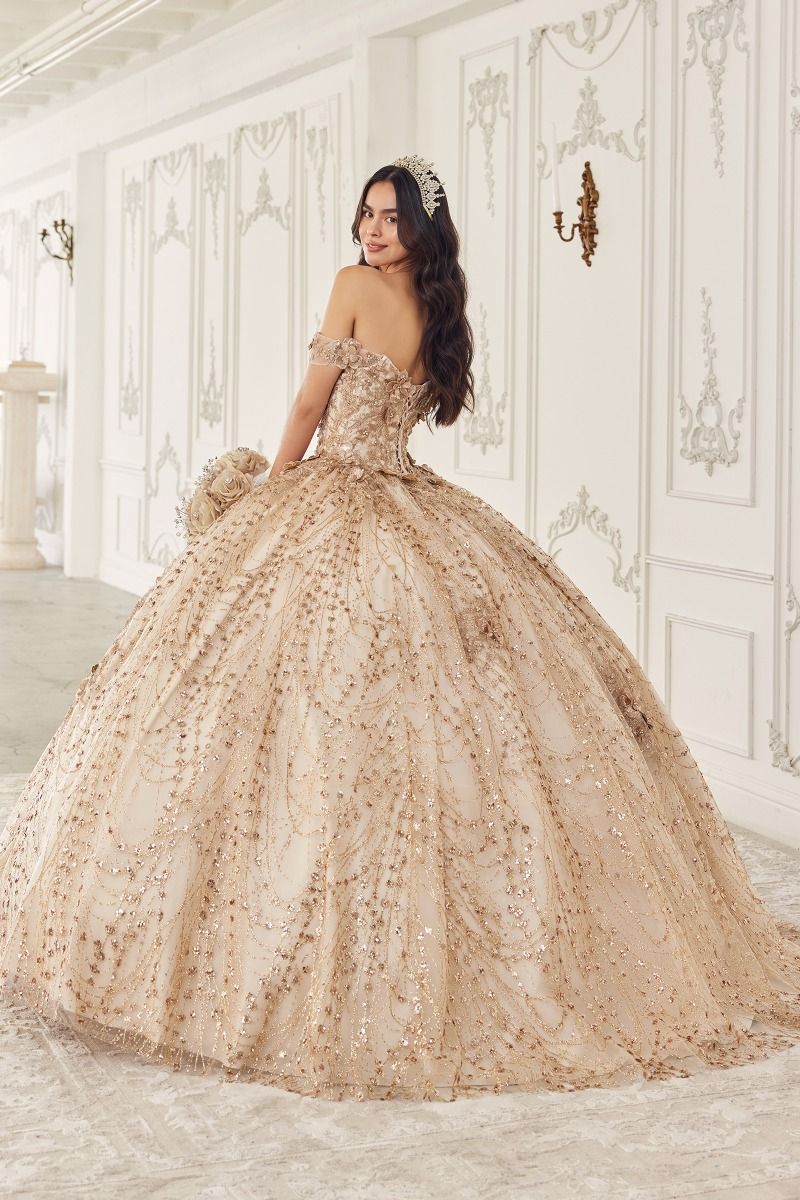 Off The Shoulder Glitter Floral Print Gold Ball Gown (15712)