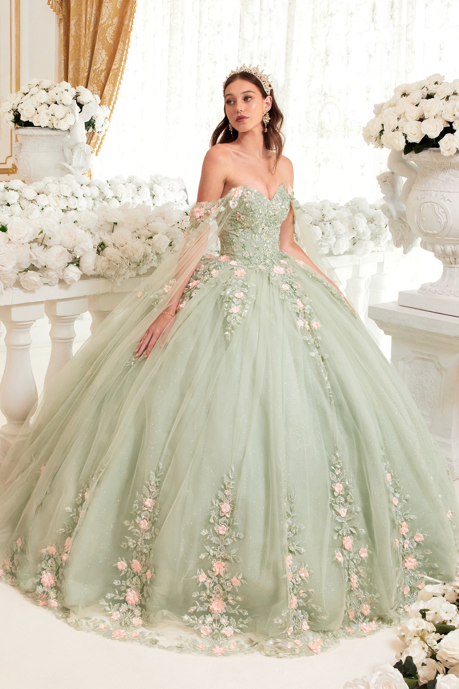 Sage Ball Gown With Blush Floral Details (15716)