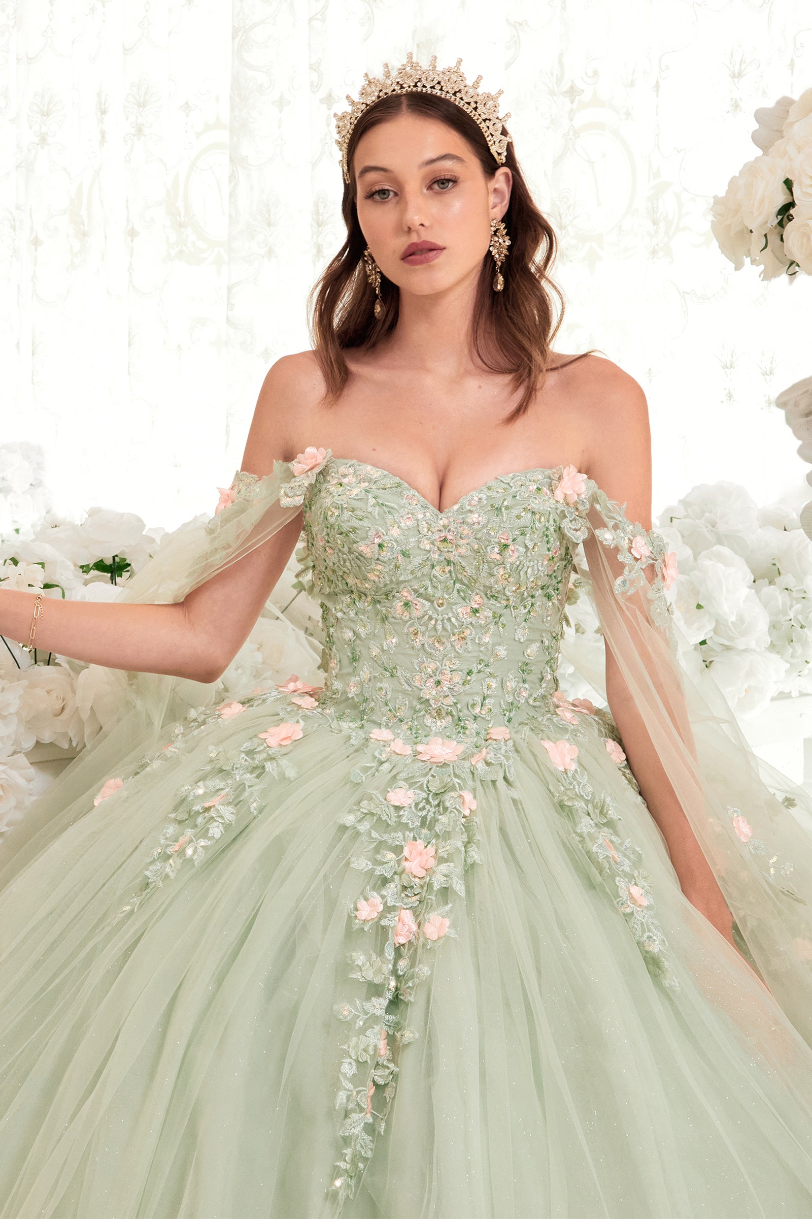 Sage Ball Gown With Blush Floral Details (15716)