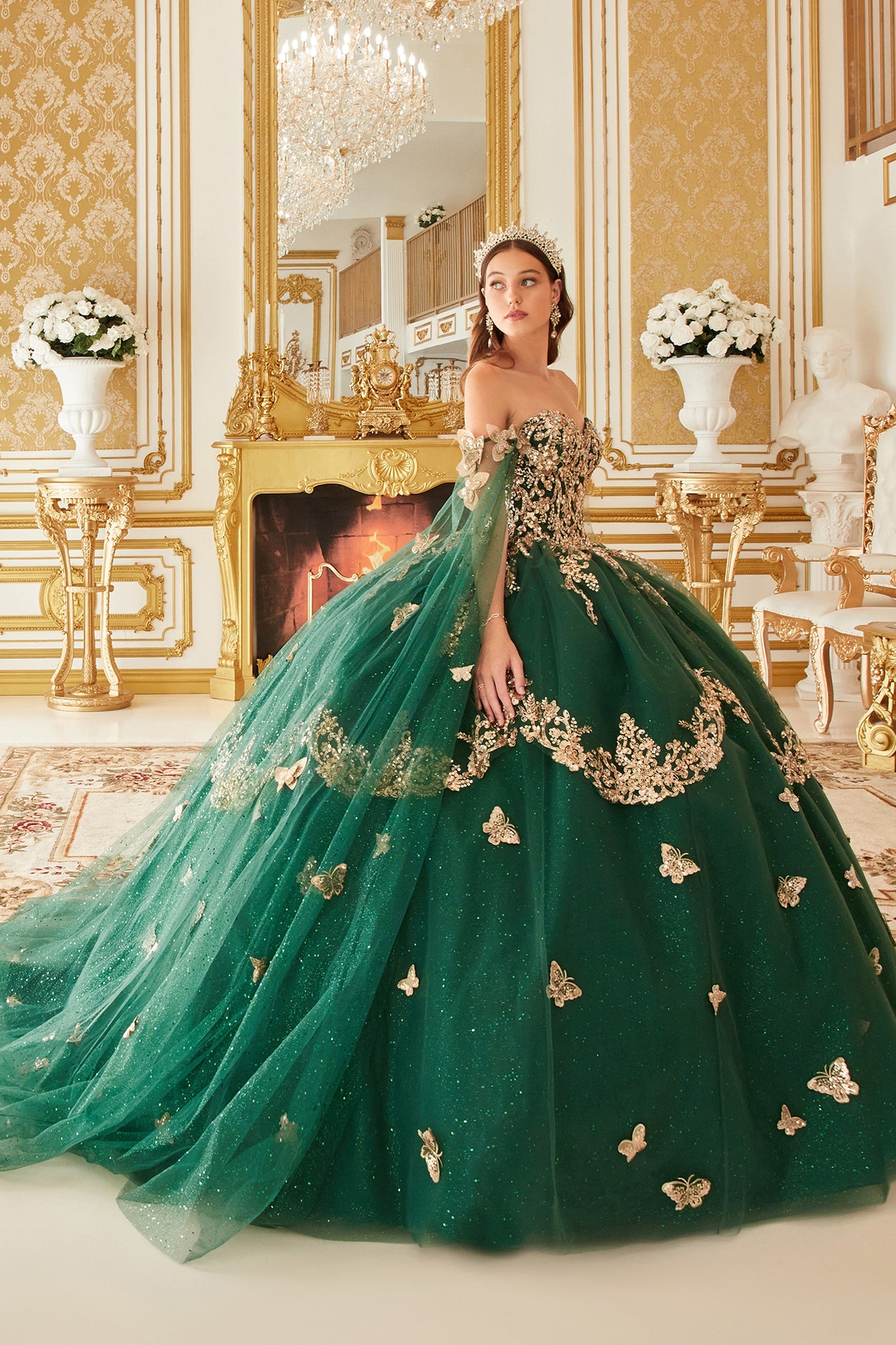 Strapless Layered Tulle Emerald Ball Gown (15721)