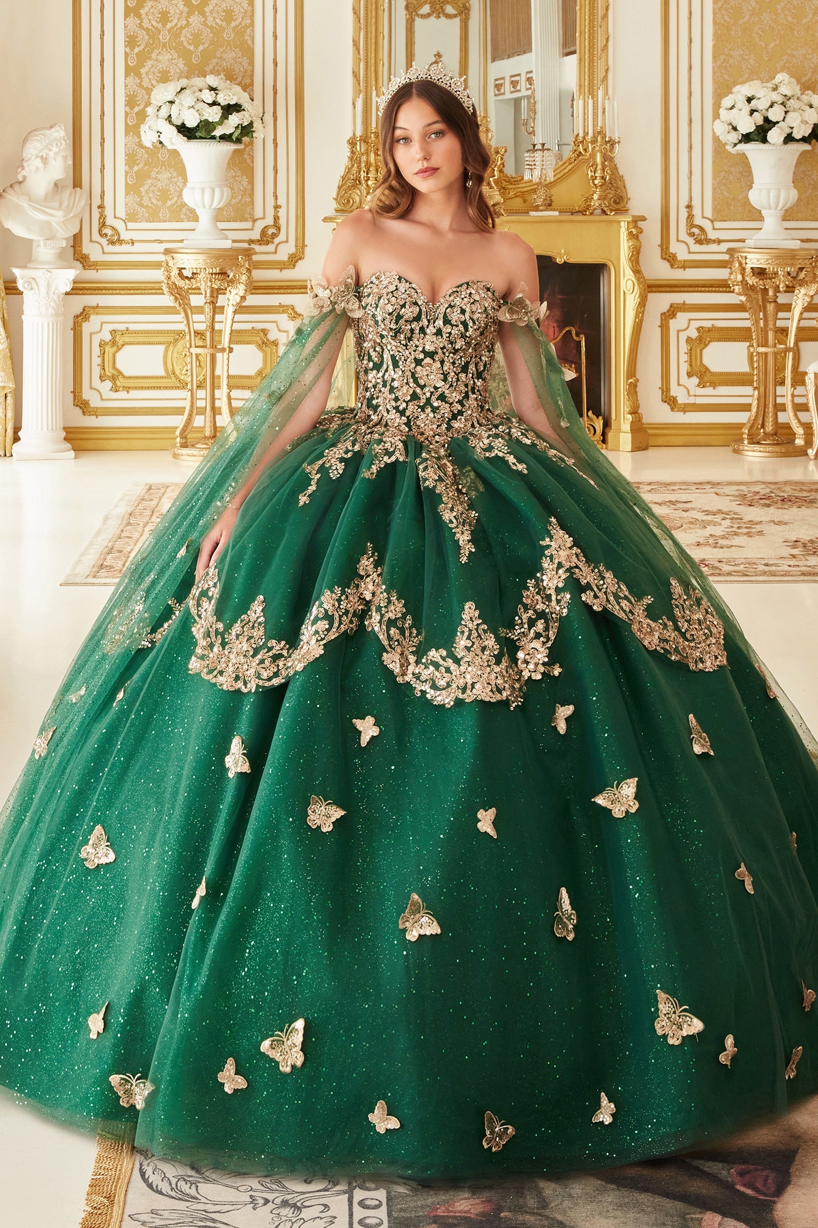 Strapless Layered Tulle Emerald Ball Gown (15721)