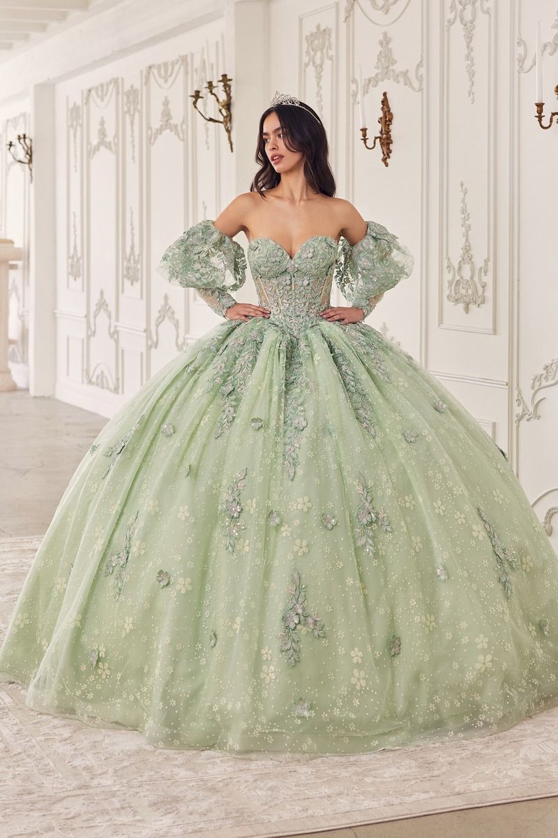 Strapless Lace Quinceanera Ball Gown With Removable Puff Sleeves 15722)