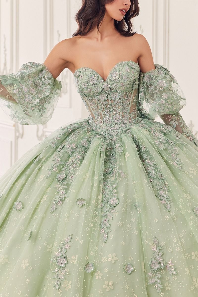 Strapless Lace Quinceanera Ball Gown With Removable Puff Sleeves 15722)