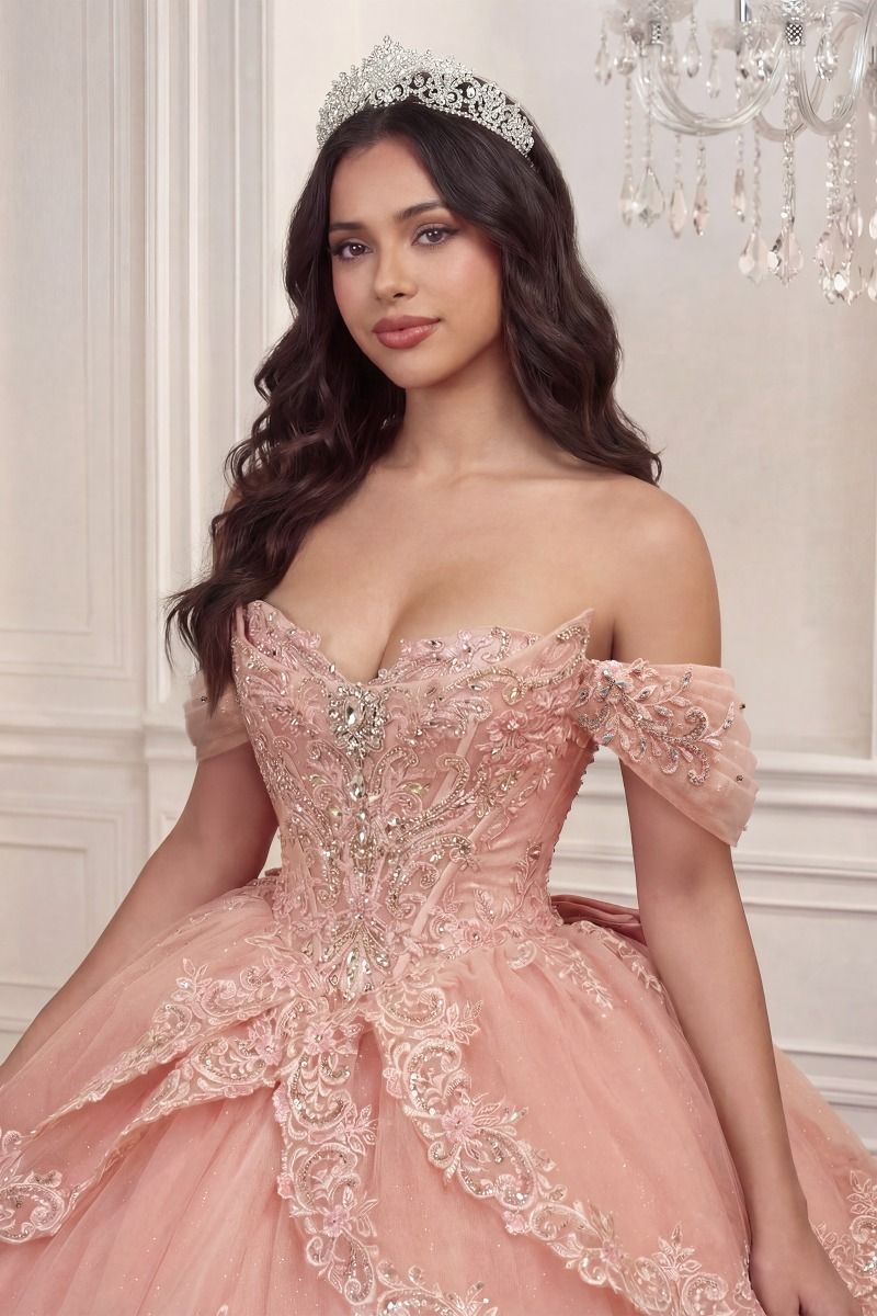 Off-the-Shoulder Beaded Quinceañera Ball Gown with Layered Skirt and Oversized Bow (15729)
