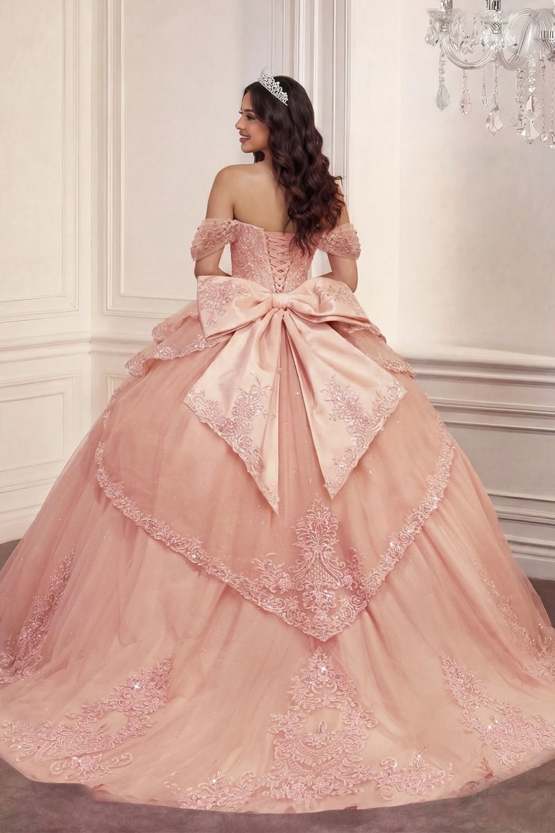 Off-the-Shoulder Beaded Quinceañera Ball Gown with Layered Skirt and Oversized Bow (15729)
