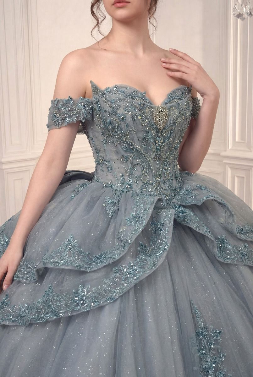 Off-the-Shoulder Beaded Quinceañera Ball Gown with Layered Skirt and Oversized Bow (15729)