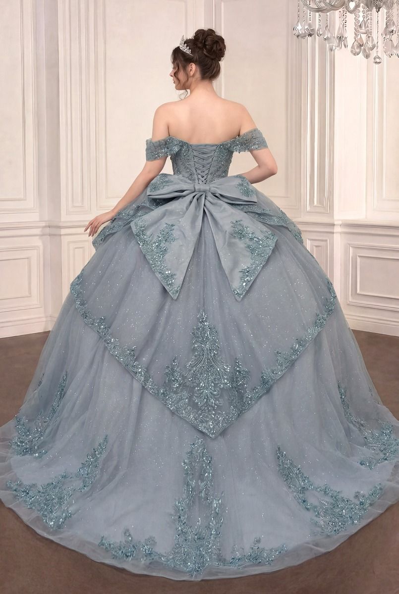 Off-the-Shoulder Beaded Quinceañera Ball Gown with Layered Skirt and Oversized Bow (15729)