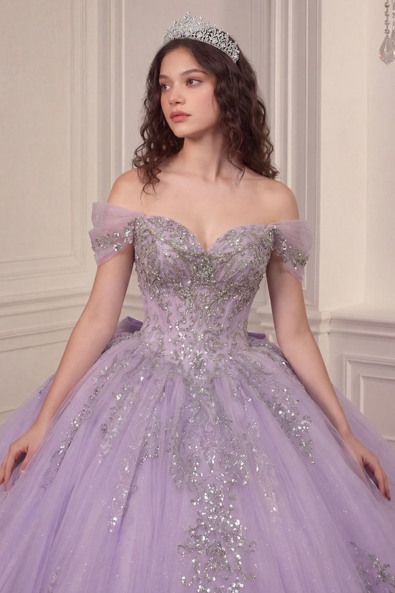 Off-the-Shoulder Glitter Tulle Quinceañera Ball Gown with Beaded Embroidery and Oversized Bow (15730)