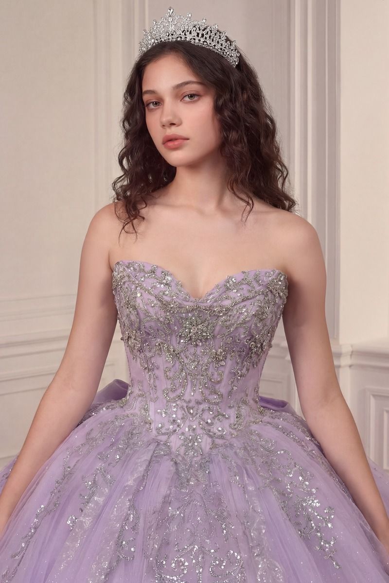 Off-the-Shoulder Glitter Tulle Quinceañera Ball Gown with Beaded Embroidery and Oversized Bow (15730)