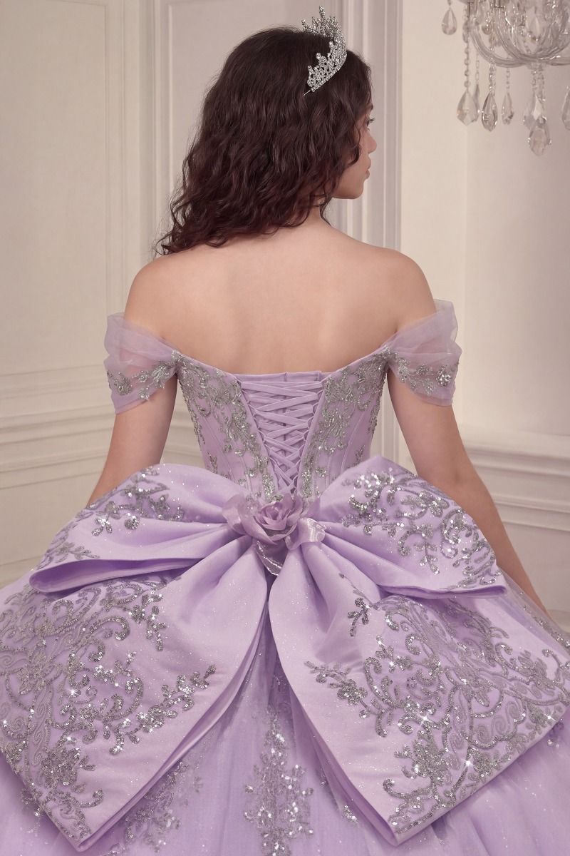 Off-the-Shoulder Glitter Tulle Quinceañera Ball Gown with Beaded Embroidery and Oversized Bow (15730)