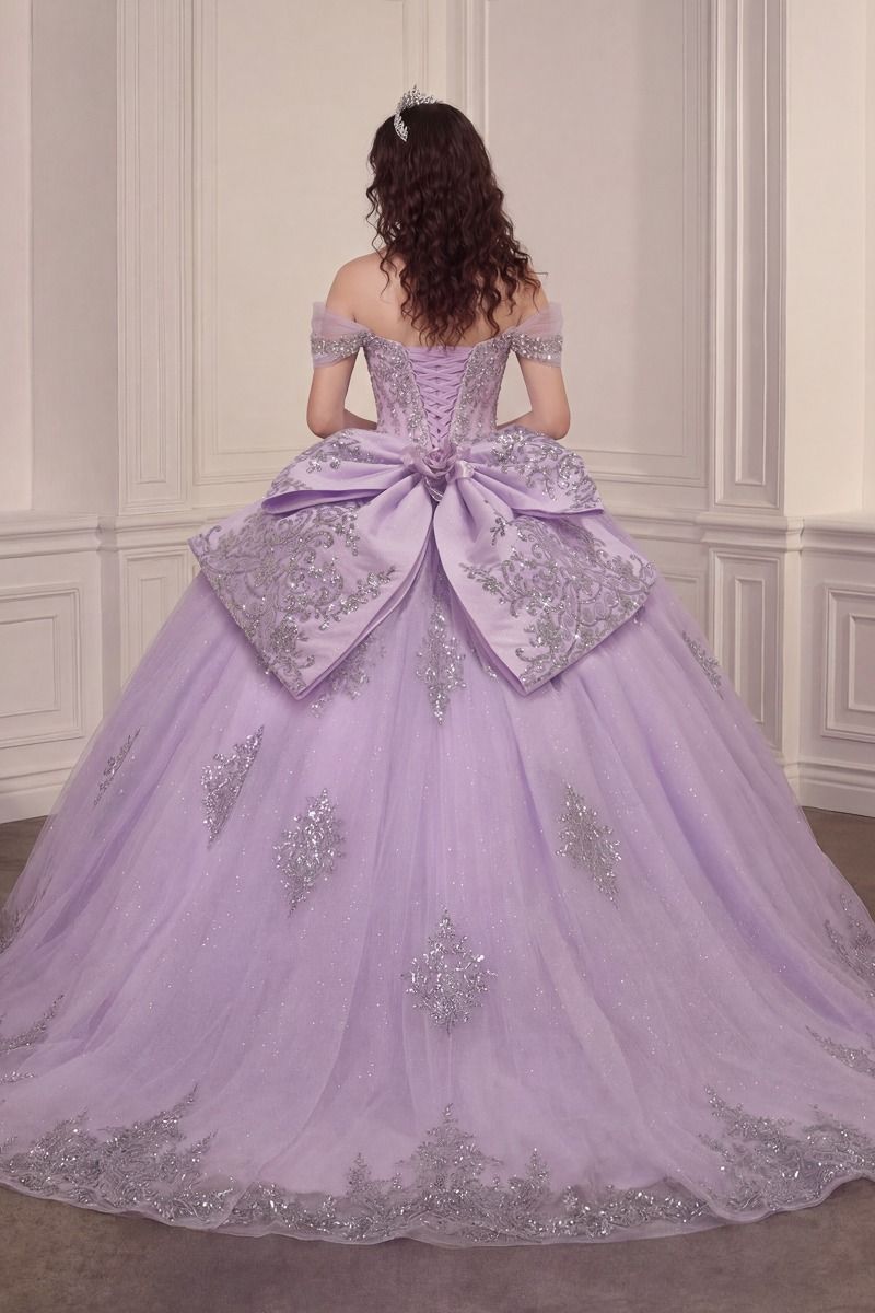Off-the-Shoulder Glitter Tulle Quinceañera Ball Gown with Beaded Embroidery and Oversized Bow (15730)