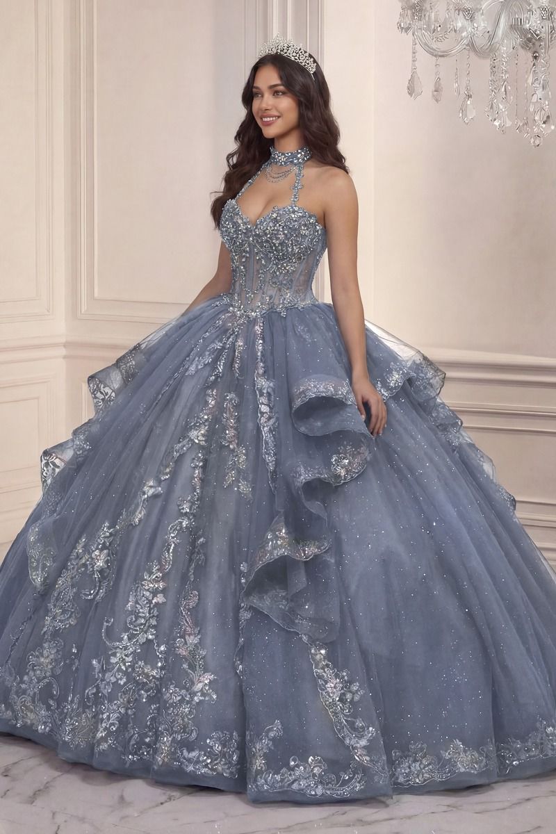 Quinceañera Tiered Ball Gown With Halter Neckline (15741)