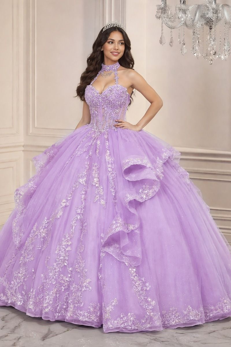 Quinceañera Tiered Ball Gown With Halter Neckline (15741)