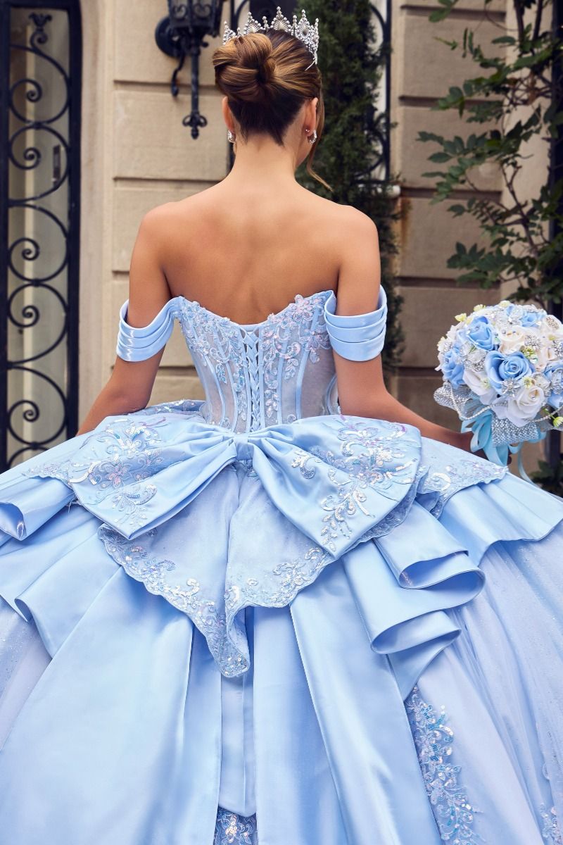 Off-the-Shoulder Crystal Corset Quinceañera Ball Gown with Satin Bow (15745)