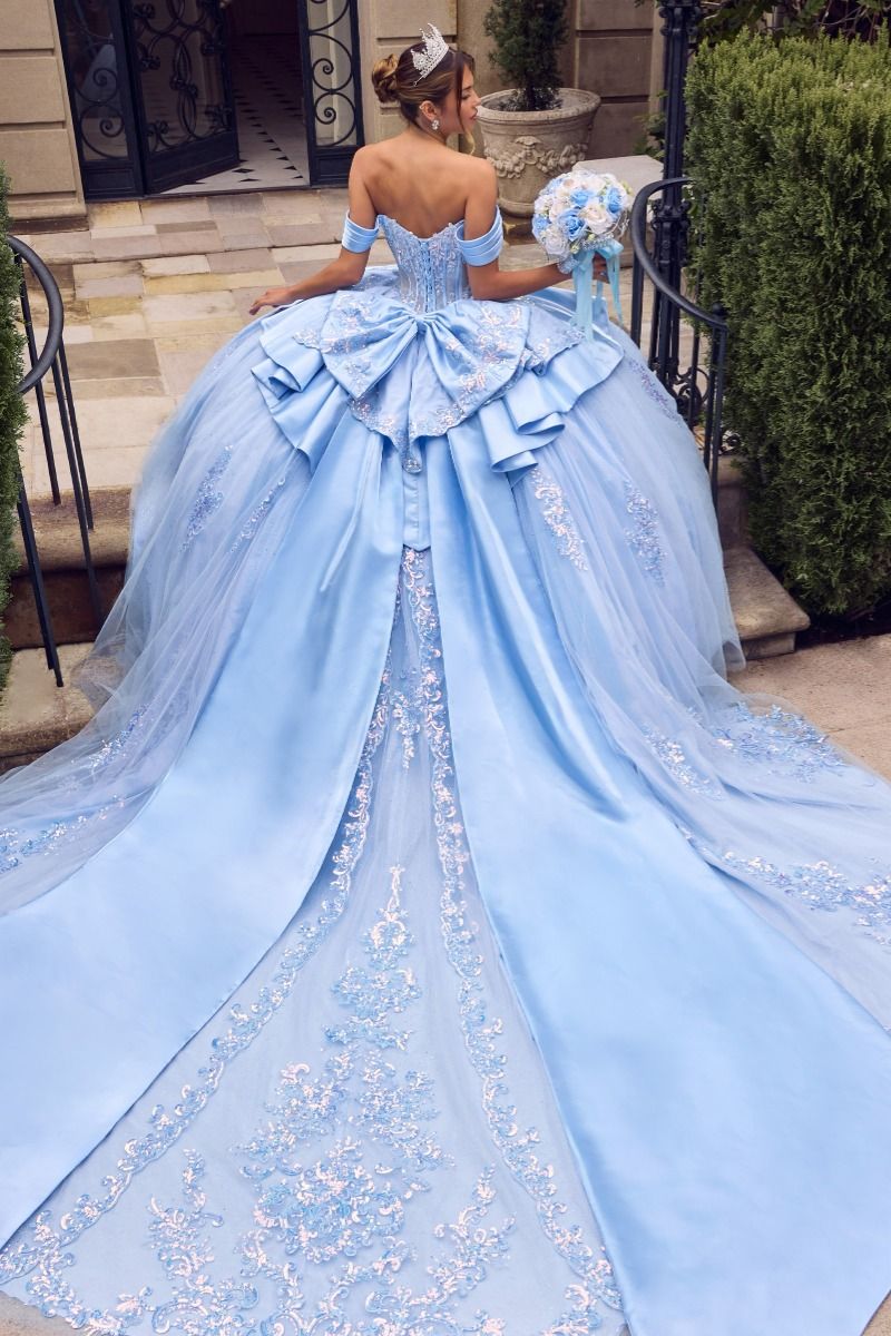 Off-the-Shoulder Crystal Corset Quinceañera Ball Gown with Satin Bow (15745)