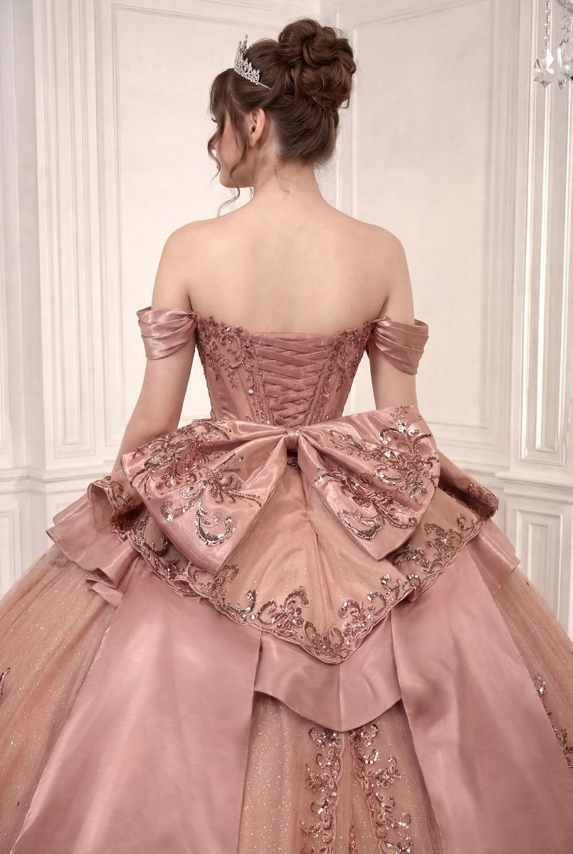 Off-the-Shoulder Crystal Corset Quinceañera Ball Gown with Satin Bow (15745)