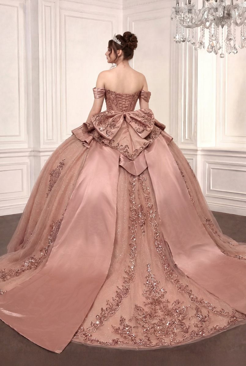 Off-the-Shoulder Crystal Corset Quinceañera Ball Gown with Satin Bow (15745)
