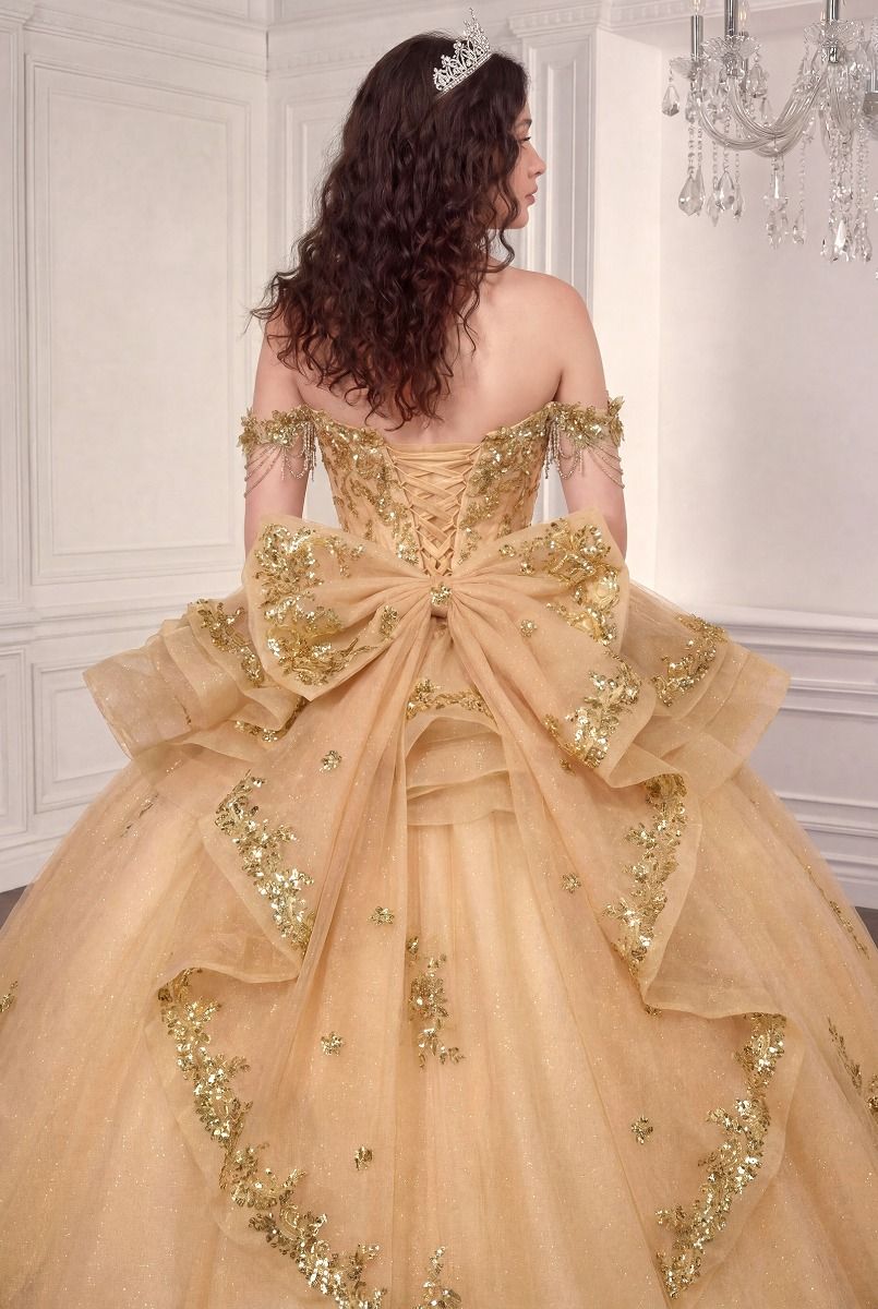 Off-the-Shoulder Floral Appliqué Quinceañera Ball Gown with Statement Bow (15746)